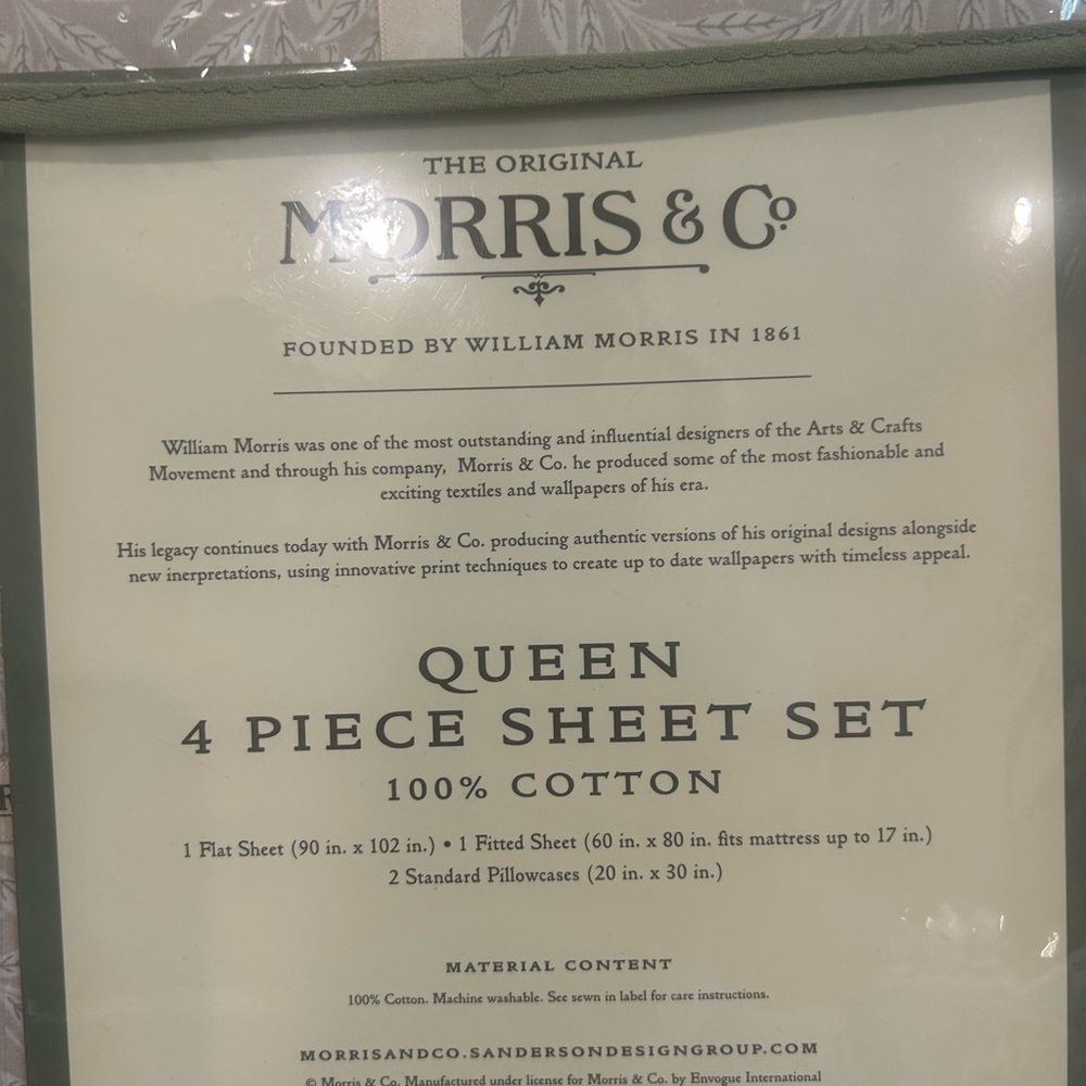 William Morris QUEEN Sheet Set Sheets Natural Taupe White Floral Leaves Tan - Picture 3 of 3